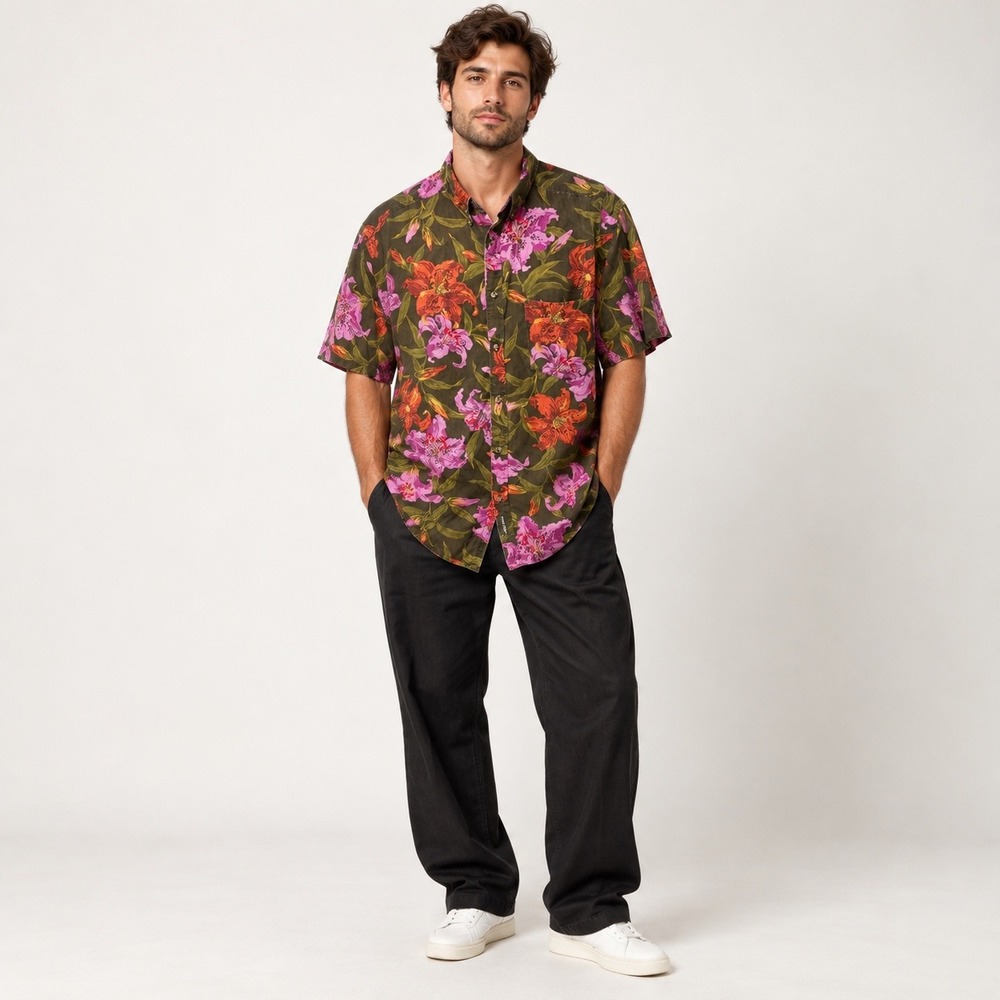 Vintage Tommy Hilfiger Mens Rayon Floral Tropical Lily Shirt Olive Green Medium
